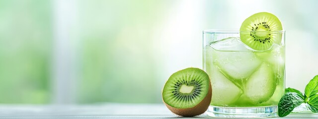 Wall Mural -  A glass of water with a kiwi slice at the rim and a mint leaf beside it