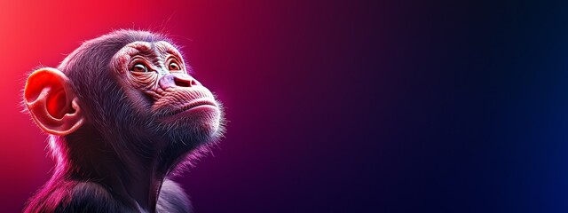  A monkey's head in focus against a pink and blue backdrop Alternatively, a monkey's head tightly framed against a red and blue background