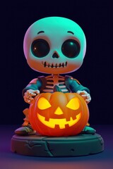 Canvas Print - Cute Cartoon Skeleton Holding a Jack-O-Lantern