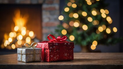 Christmas tree and holidays present on fireplace background