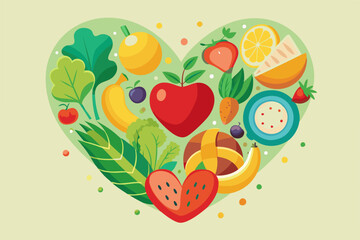 Wall Mural - Fresh colourful fruit arranged in heart Vector illustration