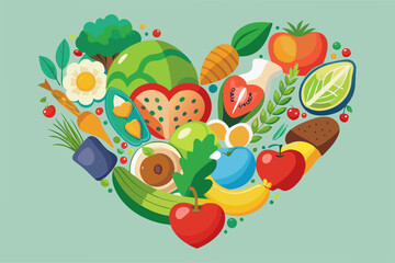 Canvas Print - Fresh colourful fruit arranged in heart Vector illustration