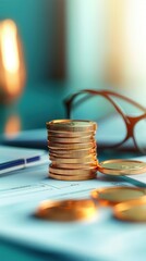 Poster - Golden Coins Stacked on a Desk with Glasses and a Pen.