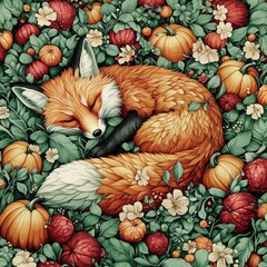 Wall Mural - Sleeping Fox Surrounded by Pumpkins and Flowers