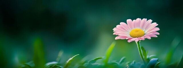 Wall Mural -  A solitary pink bloom atop a verdant green meadow, contrasting against a dark backdrop of greenery