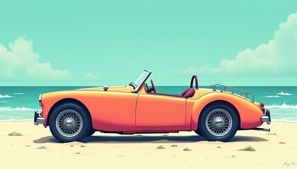 An orange classic sports car on a sandy beach by the ocean.