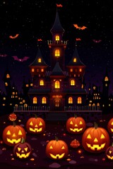 Wall Mural - Spooky Halloween Night with Haunted Castle and Jack-O-Lanterns