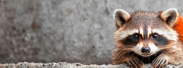 Wall Mural -  A tight shot of a raccoon seated on a rock, gaze fixed on the camera, backdrop softly blurred