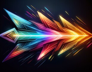 Wall Mural - abstract background with glowing lines, abstract background with glowing stars, A colorful arrow made of glowing light beams, pointing right at the center on a black background he arrow forms an elega