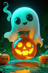 Poster - cute ghost and jack-o'-lantern for halloween