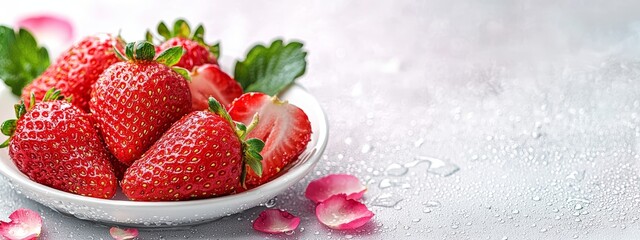 Poster -  A tight shot of a bowl filled with strawberries on a table Rose petals adorn the scene, and water droplets glisten on the surface