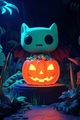 Poster - Cute Bat Character Holding a Pumpkin Filled with Candy on Halloween Night