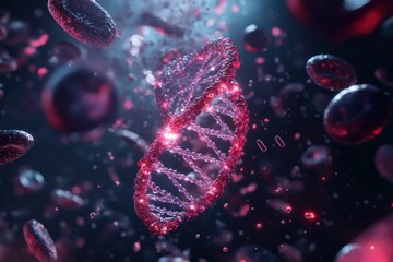 Intricate DNA helix surrounded by animal cells in a lab setting, highlighting aspects of biology, zoology, and genome research.