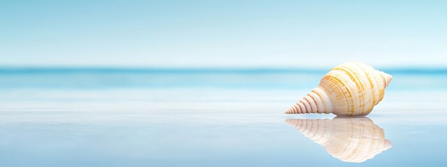 Wall Mural -  A tight shot of a seashell above tranquil water, surrounded by a blue sky background