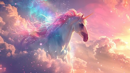 A White Unicorn with a Pink Mane and a Golden Horn Soaring Through Clouds