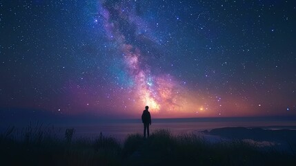 Solitary Figure Gazing at the Milky Way Over a Coastal Landscape