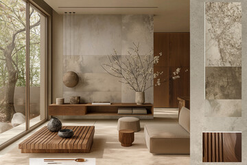 Wall Mural - Interior design moodboard with beige color palette and luxurious materials