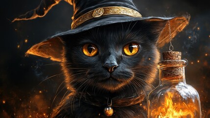 Black cat on a dark background, with a wizard's hat on his head. Halloween celebration concept