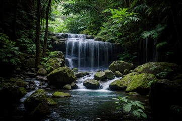 Quiet cascade cascading over rocks through tropical green landscape 