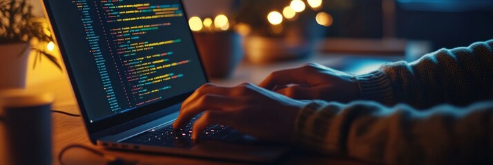 Wall Mural - Hands actively typing on a laptop while illuminated by warm lights in a dimly lit space, showcasing a productive environment during nighttime