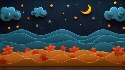 Poster - Paper Cutout Night Sky With Stars, Clouds, and Moon Over Wavy Ocean