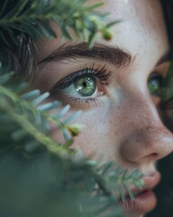 Wall Mural - close-up of a person's eye surrounded by lush greenery