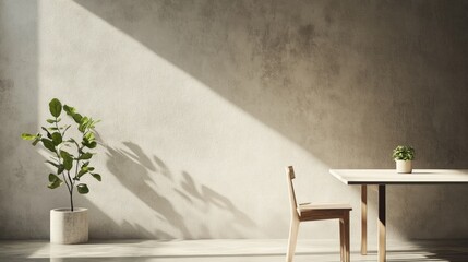 Sticker - 3D Rendering Illustration of a minimalist dining room featuring a white wooden table and chair with a small plant decoration against a cement wall enhanced by soft lighting