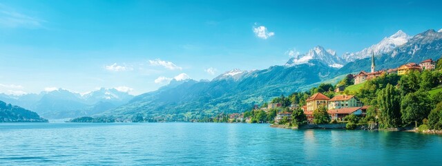 Wall Mural -  A sizable water body is flanked by dwellings on one side and towering mountains on the other