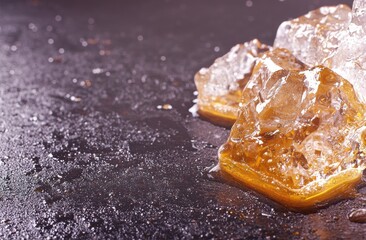 Poster - Glistening amber honey crystals on dark surface