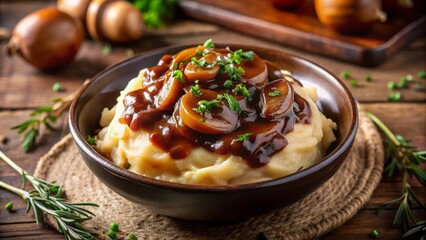 Creamy mashed potatoes smothered in a rich, dark onion gravy, lit from above with a warm golden light, creating a cozy atmosphere.