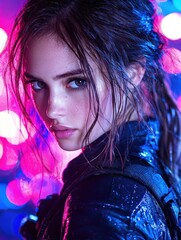 Poster - Dramatic portrait of a young woman with wet hair and vibrant lighting