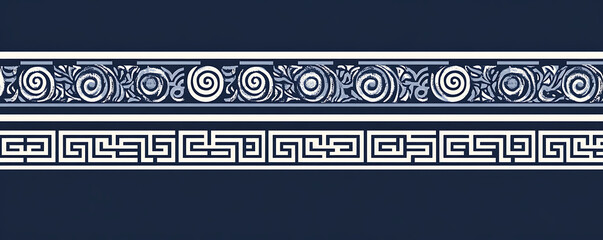 Poster - Greek Meander Vector Border – Dark Blue Background with White Line Work – High Resolution – Ideal for Invitations, Event Banners, or Festival Decor