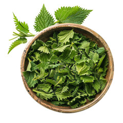 Canvas Print - Chopped nettles filled in bowl on isolated transparent background