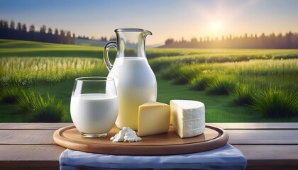 Fresh dairy products and cheese on wooden table in morning dairy farm.