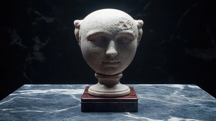 Canvas Print - ancient stone head sculpture on marble pedestal