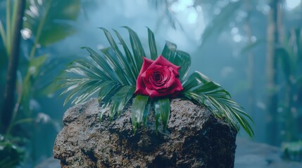 Sticker - tropical rose on rock with palm leaves