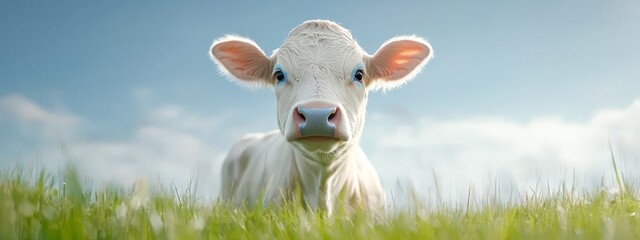 Wall Mural -  A tight shot of a cow grazing in a lush grass field Above, a clear blue sky dotted with scattered clouds