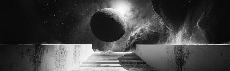 3D cartoon rendering featuring an abstract black and white background depicting the grunge of concrete surfaces and a nebula the birthplace of stars