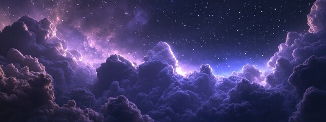 Poster - Windy cloudy sky with a lilac shade and many stars in a 3D cartoon rendering