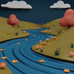 Poster - Papercraft River Landscape with Flowers and Clouds