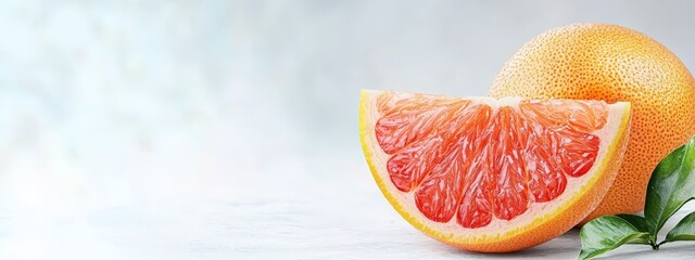 Poster -  A grapefruit and a halved grapefruit on a white surface, garnished with a green leaf