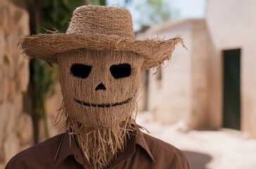 Canvas Print - Scarecrow wearing straw hat in field