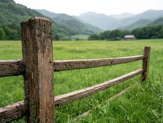 Canvas Print - Rustic wooden fence in lush green meadow