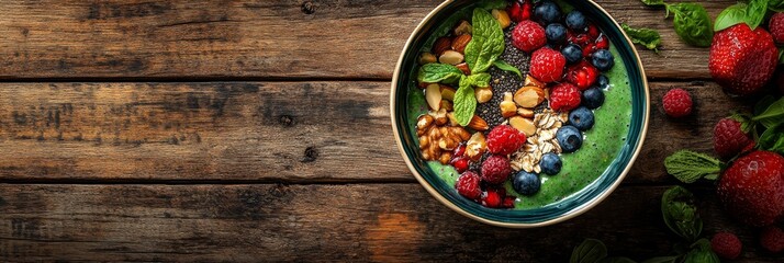 Wall Mural - A colorful smoothie bowl overflowing with fresh berries, nuts, and seeds sits on a rustic wooden table, showcasing a healthy and inviting breakfast option