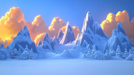 Wall Mural - Snowy Mountain Range with Fluffy Clouds at Sunset