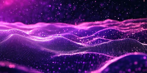 Poster - Abstract ultraviolet landscape depicted in a 3D cartoon rendering against a dark background featuring a purple cyberspace grid and a violet starry outer space texture Vertical image orientation 3D