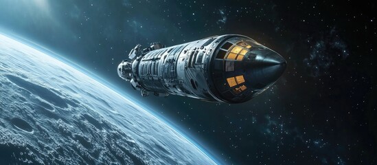 Poster - 3D cartoon visualization of a spacecraft in space orbiting Earth Sci fi themed wallpaper featuring a lunar expedition and the Artemis program