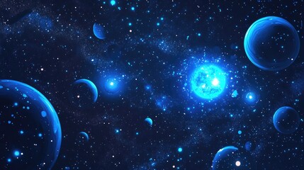 Aufkleber - Dark retro futuristic abstract background with a 3D cartoon rendering of a glowing galaxy starry sky and blue circles representing planets