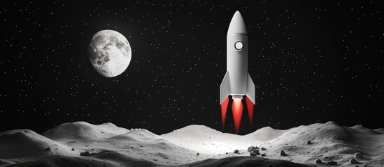 Aufkleber - Flying rocket to the moon in a 3D cartoon rendering white image on a black background