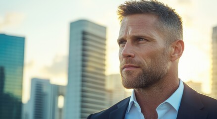 Poster - Pensive businessman looking out over city skyline